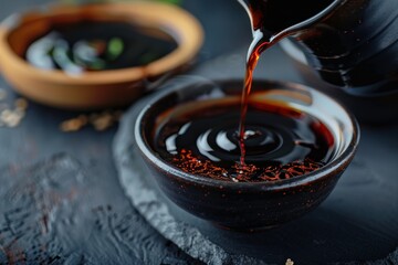 Adding soy sauce to bowl on dark table closeup