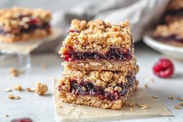 Almond oats and raspberry jam bars with crumble topping Crunchy bars with almond oat base raspberry jam filling and crumbly topping