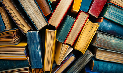 Obraz premium Colorful Stack of Hardcover Books in Organized Deskscape Top View for Educational and Literary Themes