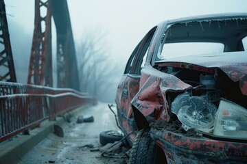 Obraz premium Damaged Hybrid Car on Foggy Bridge After Accident - Early Morning Scene for Print or Poster