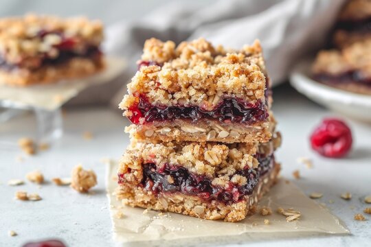 Almond oats and raspberry jam bars with crumble topping Crunchy bars with almond oat base raspberry jam filling and crumbly topping