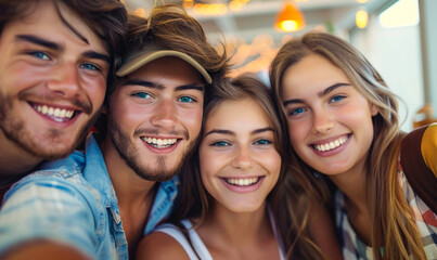 Fototapeta premium Smiling Teenagers Enjoying Time Together in a Fun Selfie, Close Friends Happy Summer Moments, Bright Indoor Setting