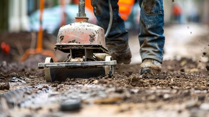 A worker in worn jeans and boots is operating a compactor machine on a muddy construction site, preparing the ground for further building activities. The focus is on the machine.