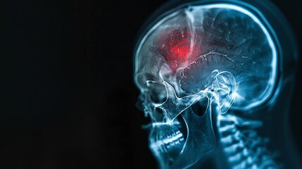 X-ray image of a human skull showing a highlighted red area in the brain, signifying a medical issue or scan result.