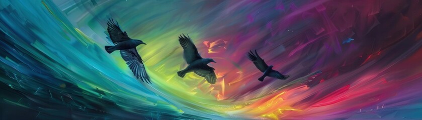 Fototapeta premium Birds in flight through the northern lights, vibrant and surreal, photorealistic and vivid