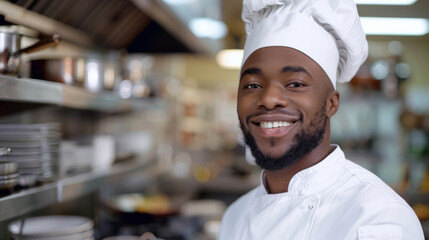 African american male chef in a white chef's hat smiles while standing in a restaurant kitchen