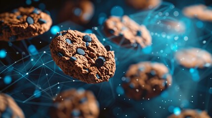 Multiple chocolate chip cookies floating in a digital network-like environment, representing the fusion of culinary arts with modern technological advancements.