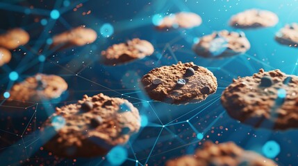 Floating chocolate chip cookies surrounded by a network-like backdrop, symbolizing the blending of culinary delights with advanced technology in a futuristic setting.