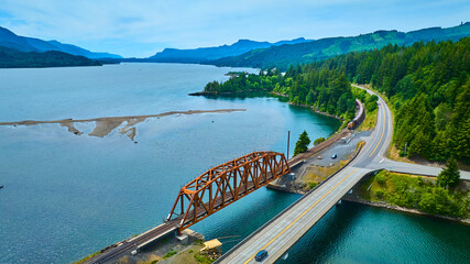 Aerial Fly Over Wind River Bridge and Lush Mountains