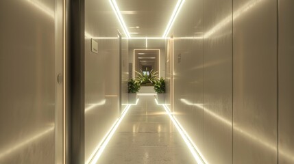 Modern Office Hallway With Linear LED Lighting and Greenery