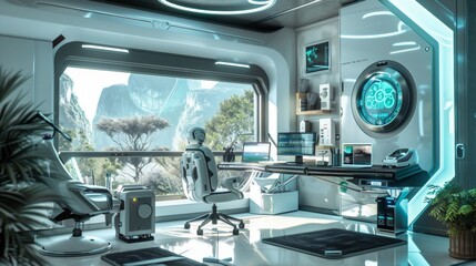 Fototapeta premium Futuristic Office Space With Mountain View and Computer Workstation