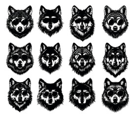 Fototapeta premium Wolves, predator heads with glasses, black and white graphic concepts. Animal avatars in gray color, lineart vector concepts for design, creatures icons, for printing, isolated on white background