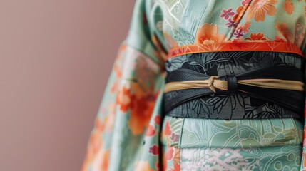 Elegant Floral Kimono with Black Belt on Pastel Background for Fashion and Textile Design