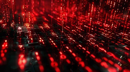 This image presents an abstract visualization of red digital data and binary codes in a high-tech, matrix-like style, creating a futuristic and intense feel of information flow.