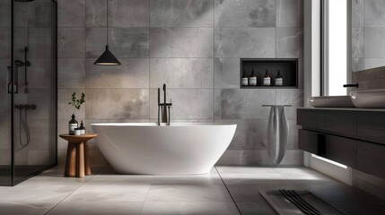 Modern Bathroom With White Freestanding Tub and Black Accents