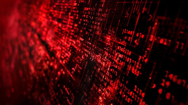 This image showcases a glowing red digital landscape filled with data and codes arranged in intricate patterns, giving a sense of a futuristic and high-tech environment for data visualization.