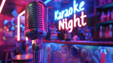 Retro Microphone with Neon Sign Highlighting Vibrant Karaoke Night for Stage Events and Celebrations