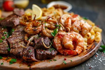 Arabic deep fried beef liver wheat bran covered creamy seafood mix with shrimps squid fish fillet mozzarella cheese grilled fish filet