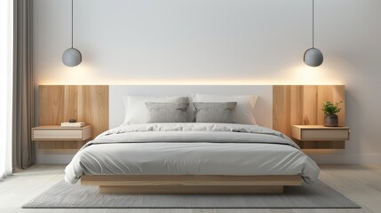 Modern Bedroom Interior Design With Wooden Headboard and Floating Nightstands