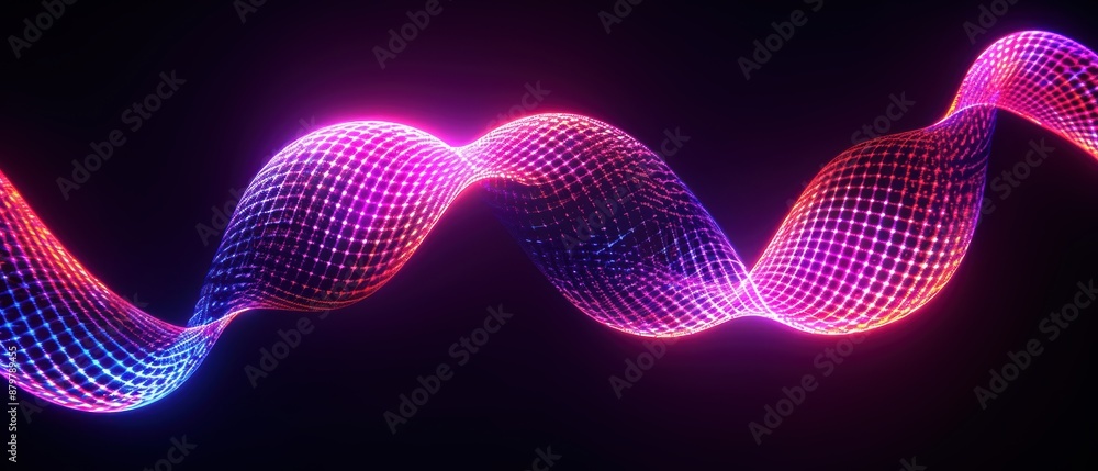 Poster an abstract neon waveform with pink and blue lights forming a dynamic and futuristic visual.