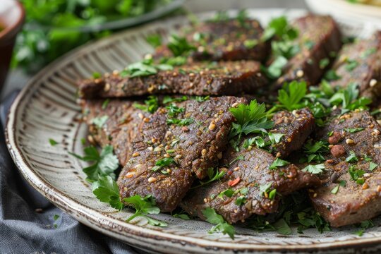 Arabic dish of fried beef liver coated in wheat bran Kebda Bel Rada served with parsley rich in iron and minerals
