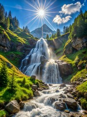 Fototapeta premium Majestic Waterfall Cascade in Alpine Mountains Under Bright Sunlight. Generative AI