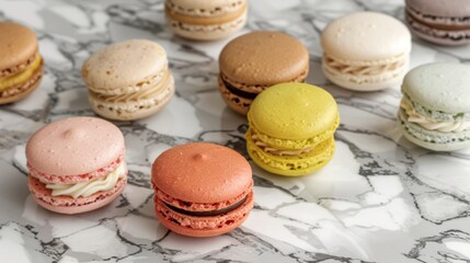 Obraz premium Vibrant Assorted Macarons Arranged on Marble Surface for Pastry Lovers and Culinary Designs