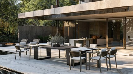 Fototapeta premium Modern Outdoor Dining Area With Patio Furniture and Pool