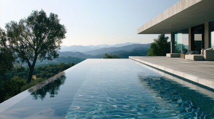 Fototapeta premium Modern Villa Infinity Pool Overlooking Mountain Landscape
