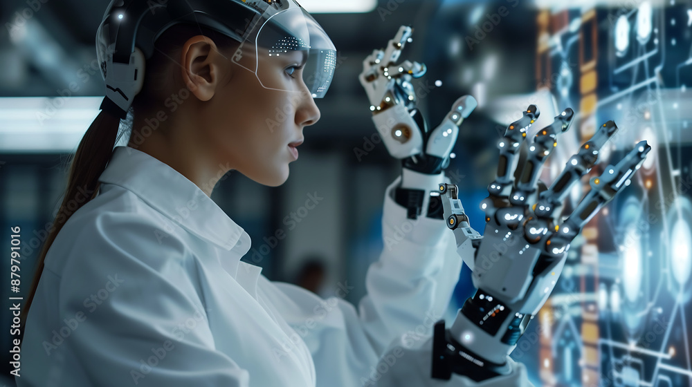 Aufkleber female scientist in a white coat using a robotic hand to touch a digital screen with data and graphi
