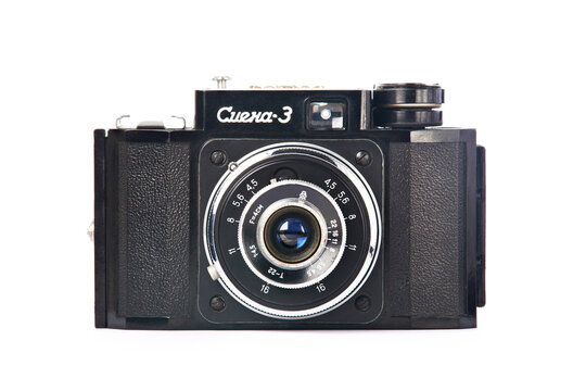 Moscow , RUSSIA - APRIL 4, 2020: Smena 3 - russian soviet 35 mm scale rangefinder camera  GOMZ 1958 isolated on white