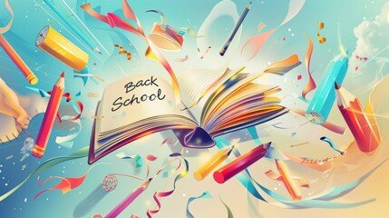 Bright Back to School Banner with Notebook and Flying School Supplies for Design Use
