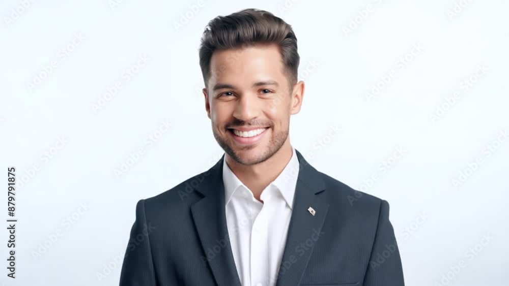 Poster smiling man in suit against white background generative ai