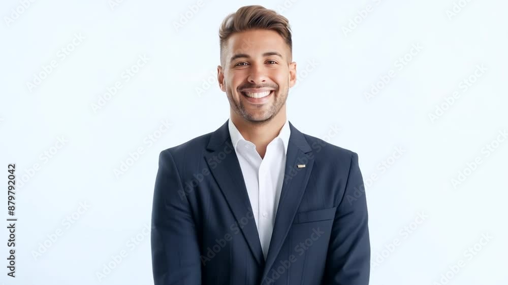 Poster smiling man in suit against white background generative ai