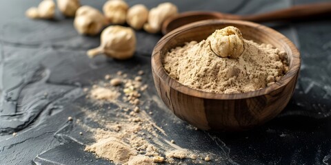 Fototapeta premium Maca Powder A Versatile Superfood for Meals and Snacks. Concept Healthy Recipes, Superfood Benefits, Cooking Tips, Nutrient-Rich Ingredients