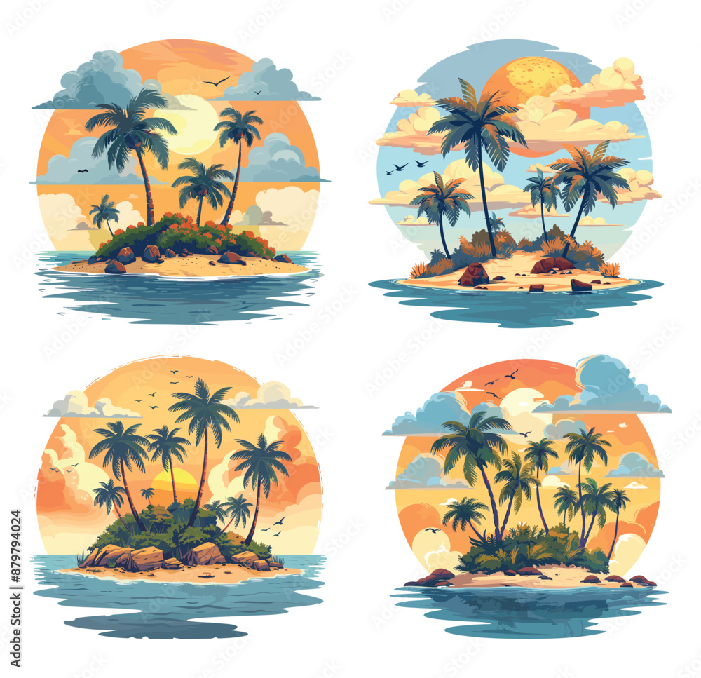 Wall mural uninhabited islands cartoon style vector set. wild ocean land with palm trees jungle sky sun stones 