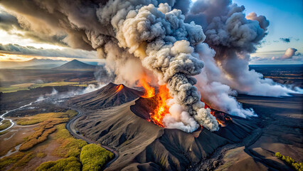 An aerial view of a volcanic eruption with a large plume of smoke and a river of lava flowing down the side of the mountain