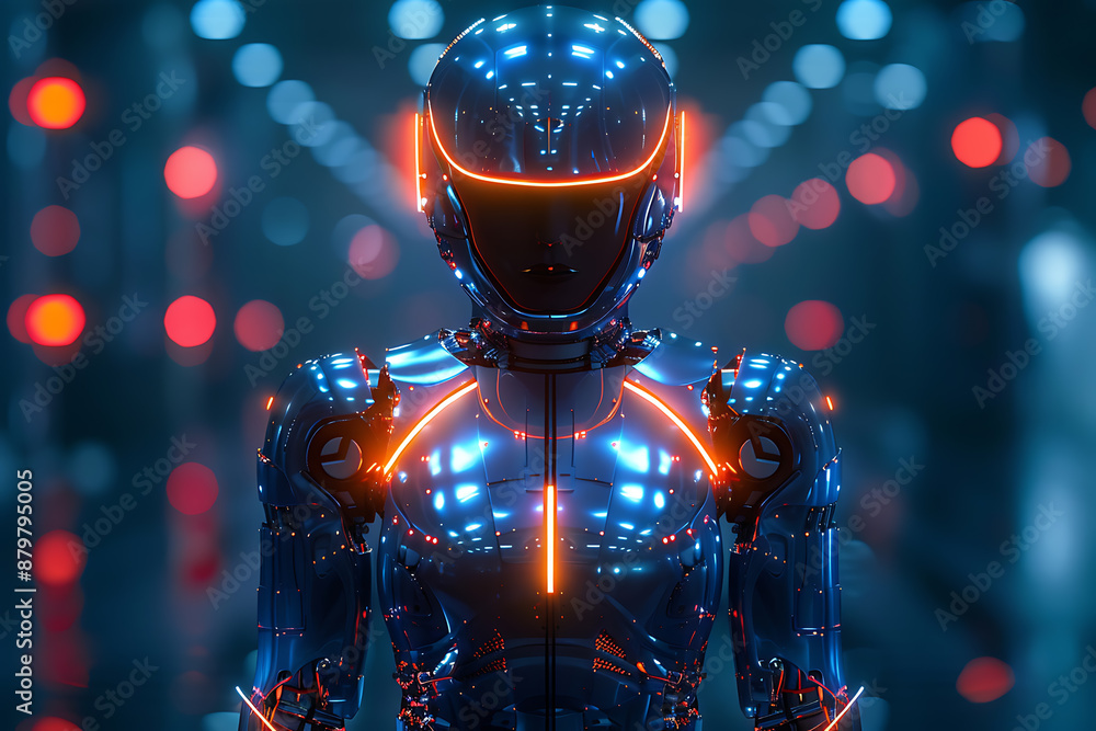 Poster futuristic mech or robot or android made in the wireframe style on a dark blue background