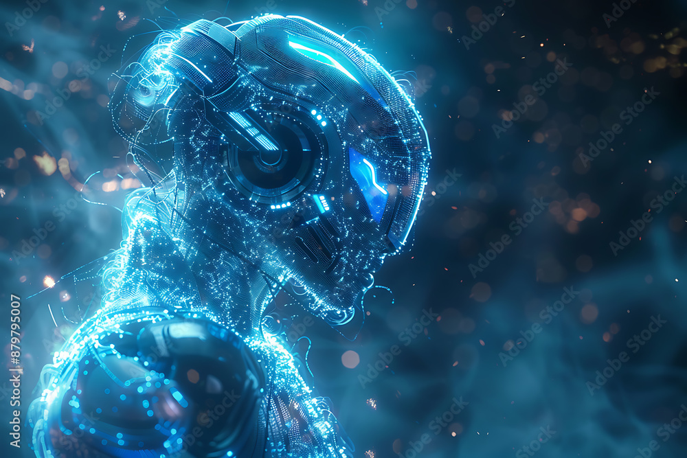 Poster futuristic mech or robot or android made in the wireframe style on a dark blue background