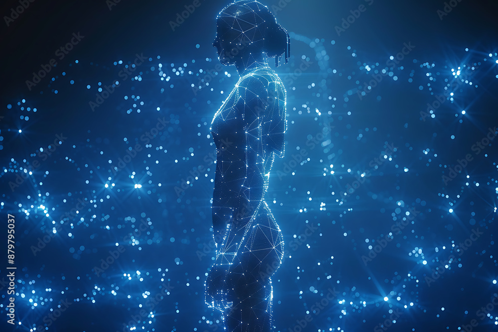 Poster futuristic mech or robot or android made in the wireframe style on a dark blue background