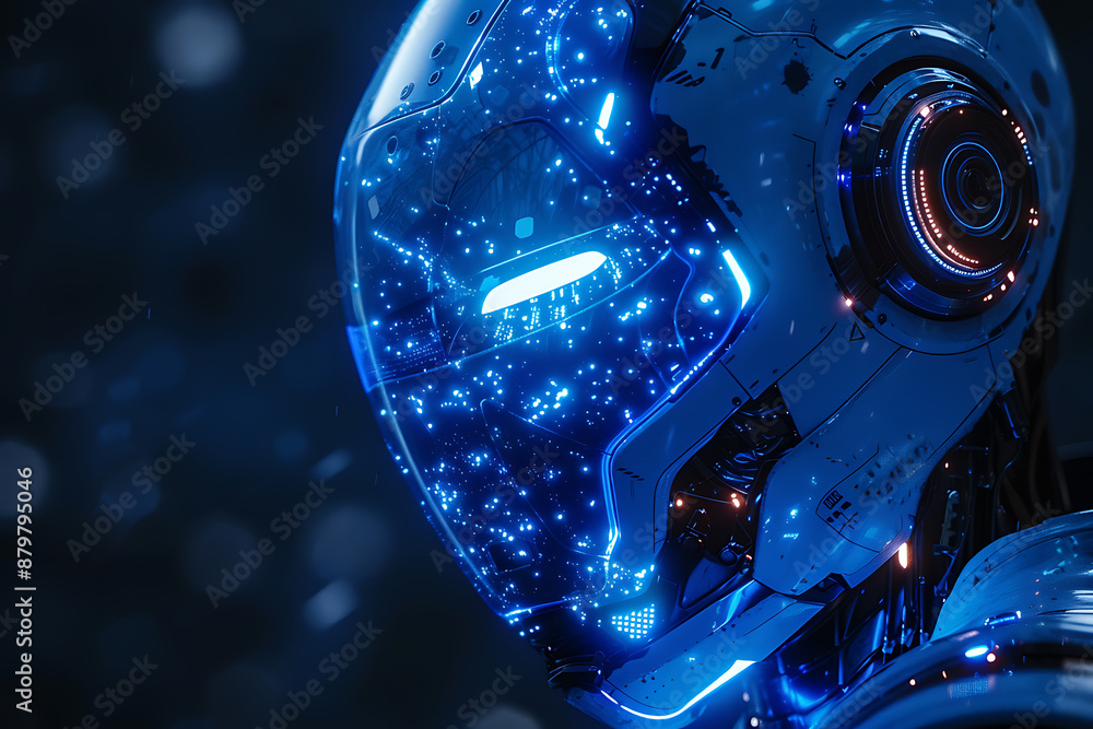 Poster futuristic mech or robot or android made in the wireframe style on a dark blue background