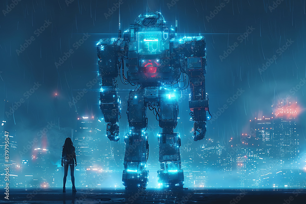 Poster futuristic mech or robot or android made in the wireframe style on a dark blue background