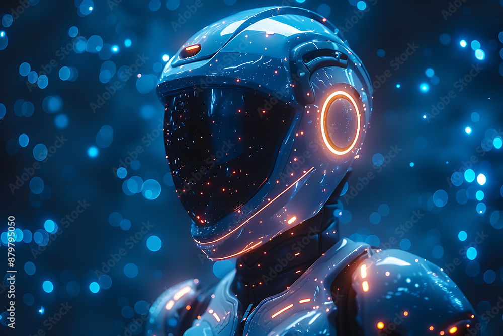 Poster futuristic mech or robot or android made in the wireframe style on a dark blue background
