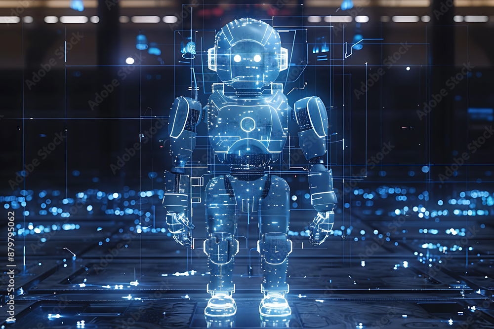 Poster futuristic mech or robot or android made in the wireframe style on a dark blue background