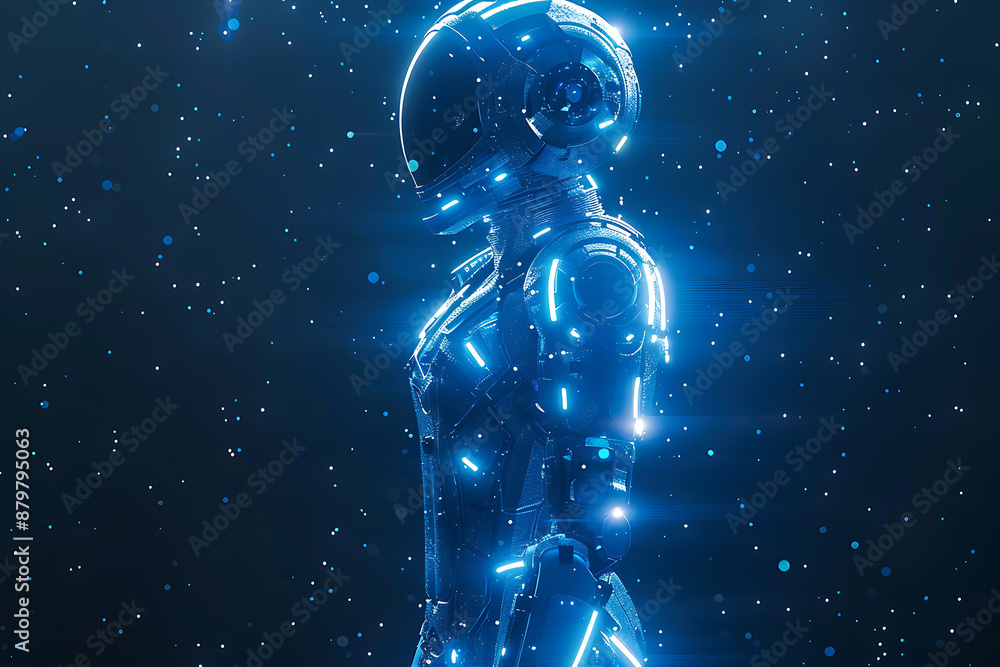 Poster futuristic mech or robot or android made in the wireframe style on a dark blue background