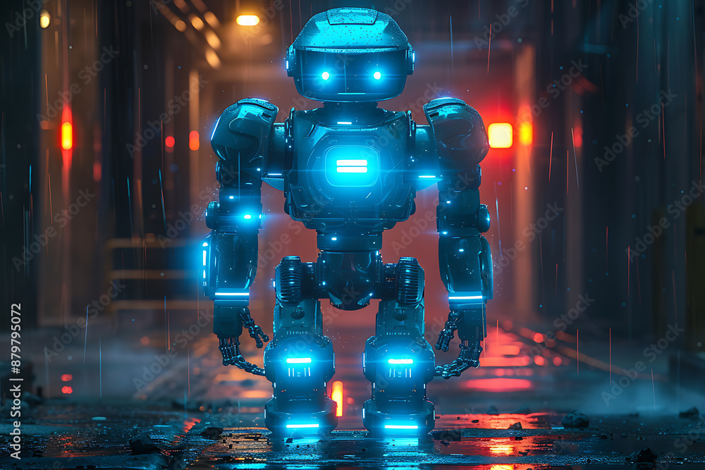 Poster futuristic mech or robot or android made in the wireframe style on a dark blue background