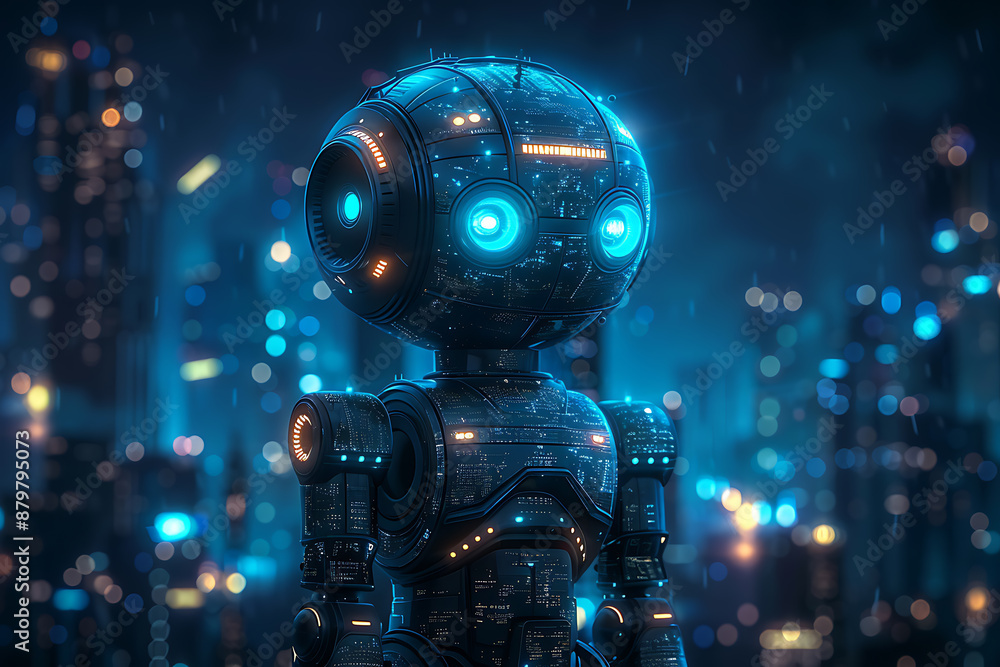 Poster futuristic mech or robot or android made in the wireframe style on a dark blue background