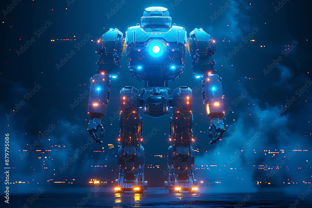 Poster futuristic mech or robot or android made in the wireframe style on a dark blue background