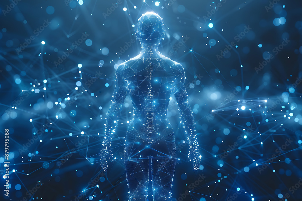 Poster futuristic mech or robot or android made in the wireframe style on a dark blue background