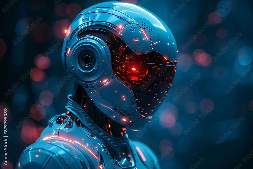 Poster futuristic mech or robot or android made in the wireframe style on a dark blue background